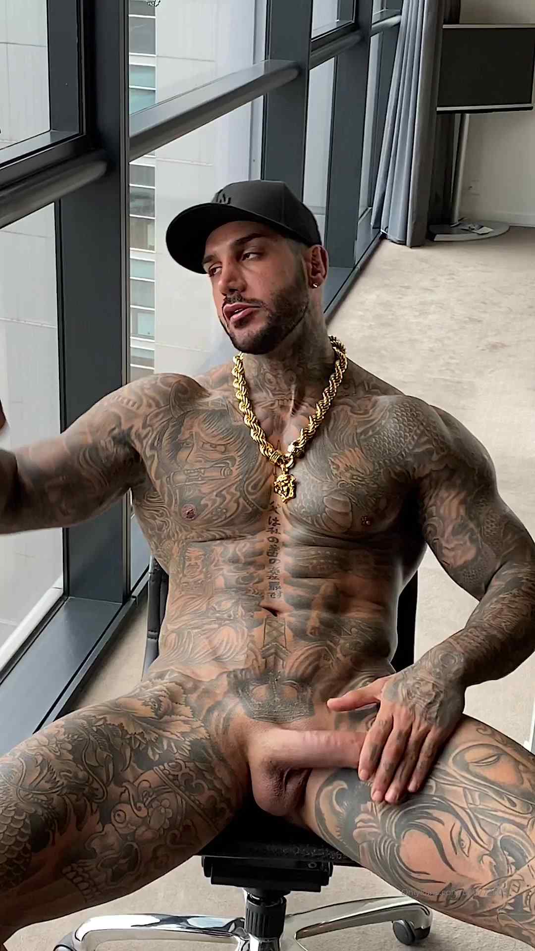 Hot Muslim guy covered in tattoos playing with his cock